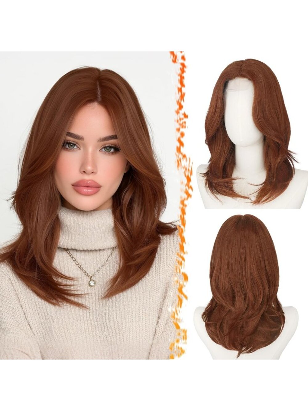 16 Inch Women's Auburn Highlight Butterfly Layered Straight Curtain Bangs Wigs